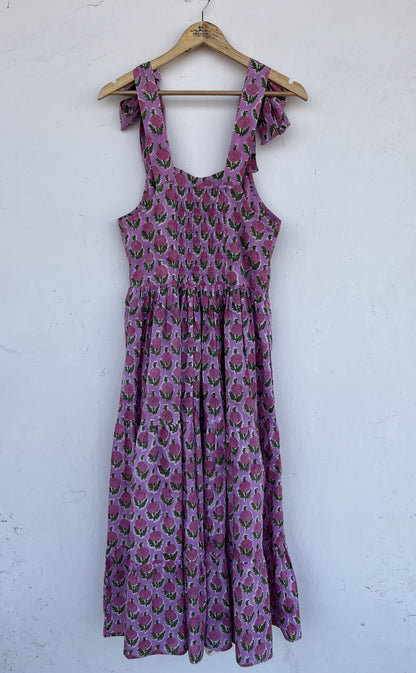 Purple Floral Cotton Strap Dress | Block Print Sleeveless Maxi | Women Resort Wear