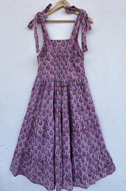 Purple Floral Cotton Strap Dress | Block Print Sleeveless Maxi | Women Resort Wear