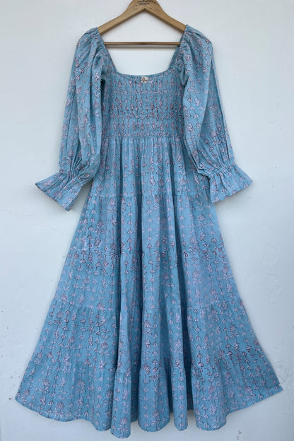 Elegant Blue Floral Casual Summer Dress - Slow Fashion Romantic Boho Dress