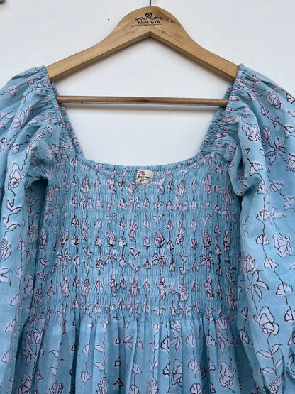 Elegant Blue Floral Casual Summer Dress - Slow Fashion Romantic Boho Dress