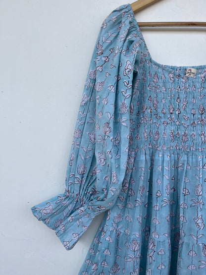 Elegant Blue Floral Casual Summer Dress - Slow Fashion Romantic Boho Dress