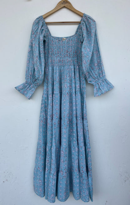 Elegant Blue Floral Casual Summer Dress - Slow Fashion Romantic Boho Dress