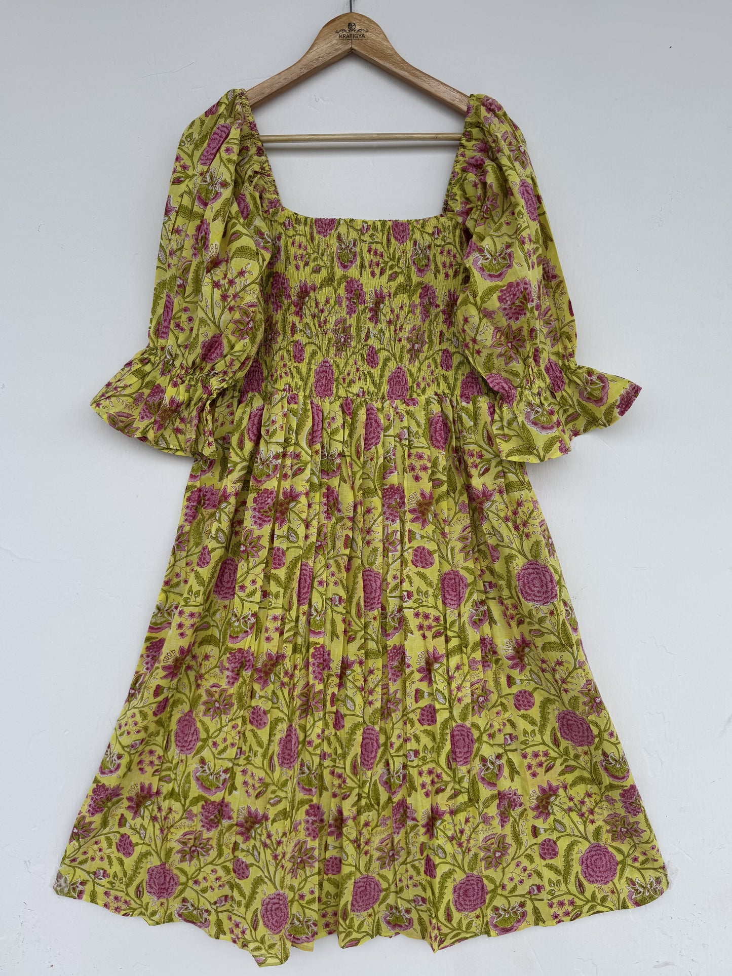 Yellow Pink Floral Hand Block Print Maxi Dress | Summer Cotton Dress