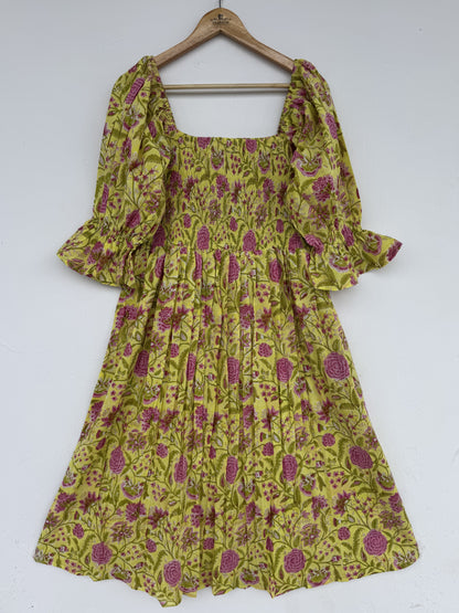 Yellow Pink Floral Hand Block Print Maxi Dress | Summer Cotton Dress