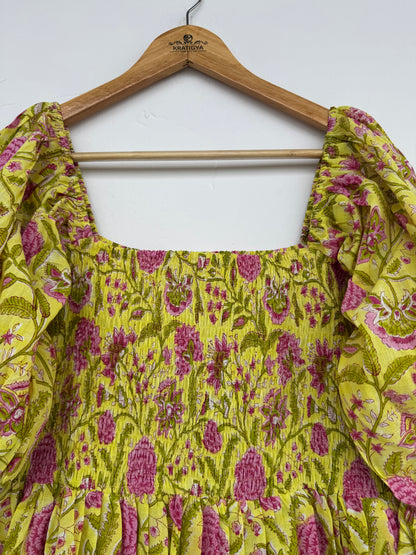 Yellow Pink Floral Hand Block Print Maxi Dress | Summer Cotton Dress