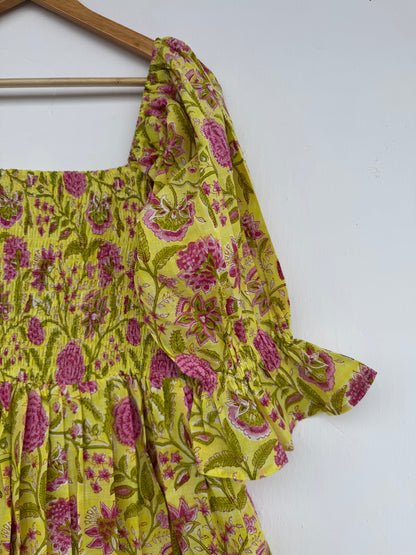 Yellow Pink Floral Hand Block Print Maxi Dress | Summer Cotton Dress