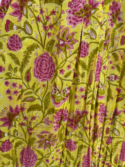Yellow Pink Floral Hand Block Print Maxi Dress | Summer Cotton Dress