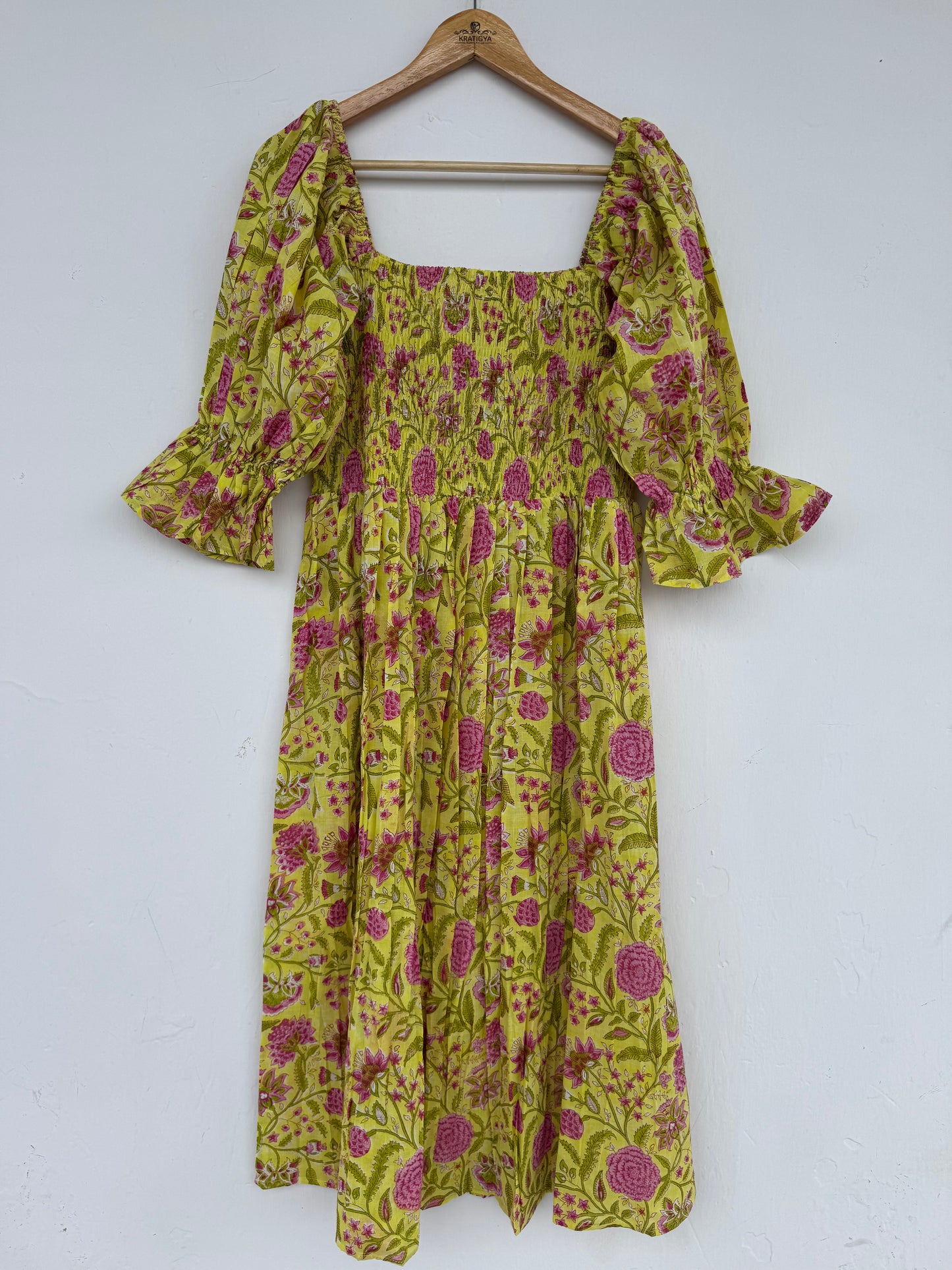Yellow Pink Floral Hand Block Print Maxi Dress | Summer Cotton Dress