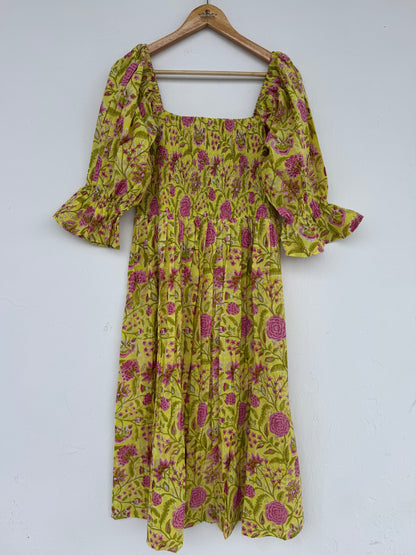 Yellow Pink Floral Hand Block Print Maxi Dress | Summer Cotton Dress