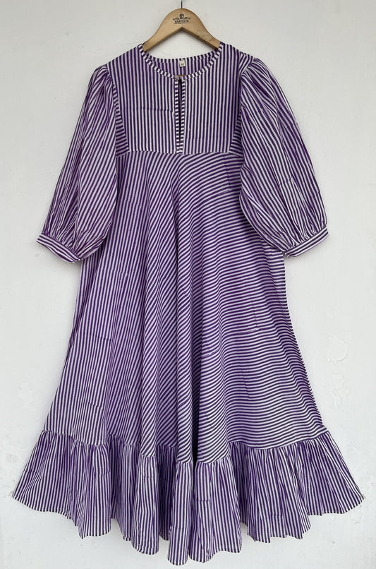 Purple Striped Modest Long Maxi Dress | Indian Cotton Tiered Loose Fit Dress