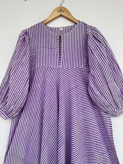 Purple Striped Modest Long Maxi Dress | Indian Cotton Tiered Loose Fit Dress
