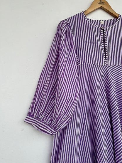 Purple Striped Modest Long Maxi Dress | Indian Cotton Tiered Loose Fit Dress