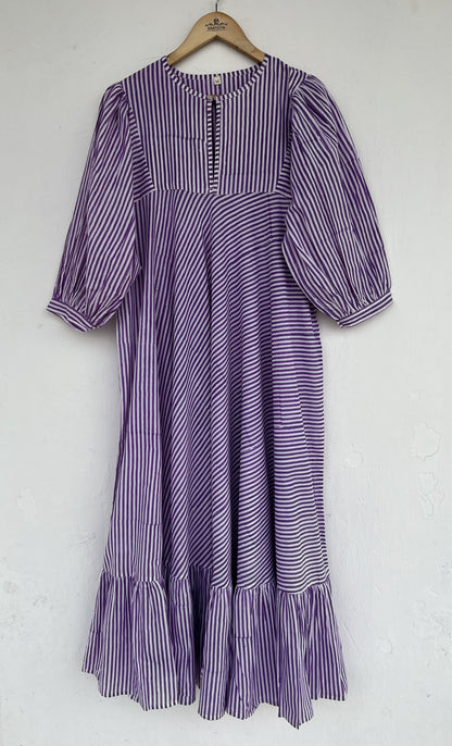Purple Striped Modest Long Maxi Dress | Indian Cotton Tiered Loose Fit Dress