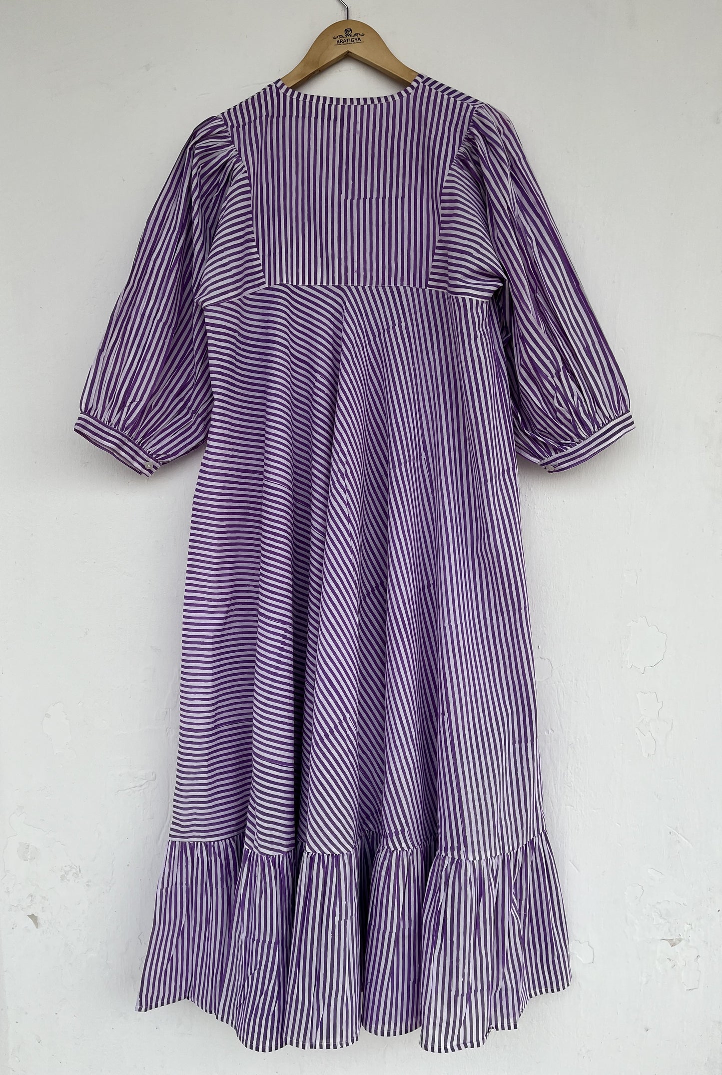 Purple Striped Modest Long Maxi Dress | Indian Cotton Tiered Loose Fit Dress