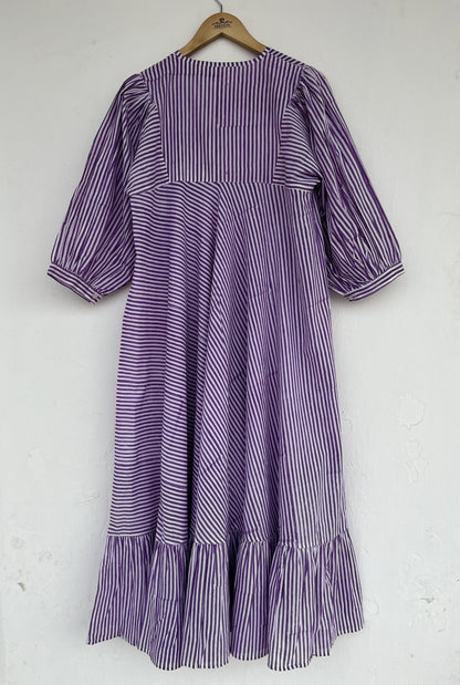 Purple Striped Modest Long Maxi Dress | Indian Cotton Tiered Loose Fit Dress