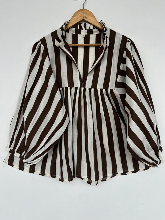 Brown Striped Cotton Blouse | Minimalist Top Women | Boho Loose Fit Tunic