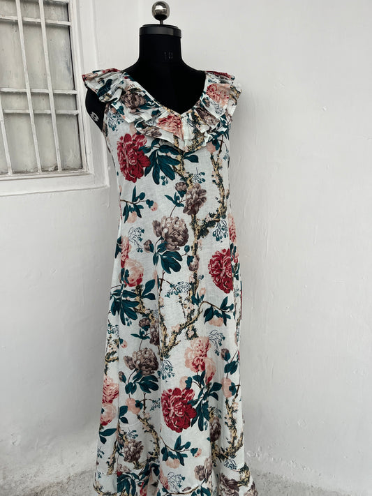 Ruffle Neck Boho Summer Dress | Romantic Floral Maxi Dress | Gift for Her