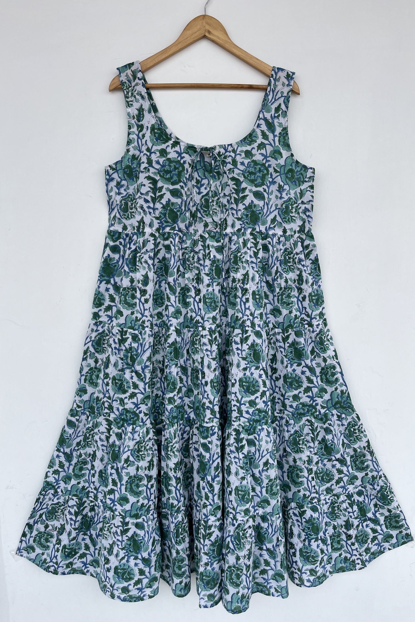Green Floral Block Print Cotton Dress | Sleeveless Summer Maxi | Women Comfy Wear