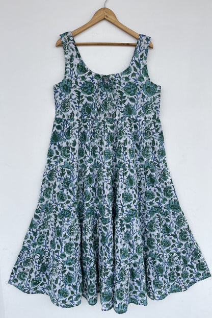 Green Floral Block Print Cotton Dress | Sleeveless Summer Maxi | Women Comfy Wear
