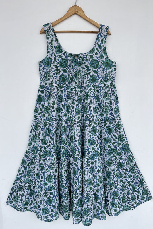 Green Floral Block Print Cotton Dress | Sleeveless Summer Maxi | Women Comfy Wear