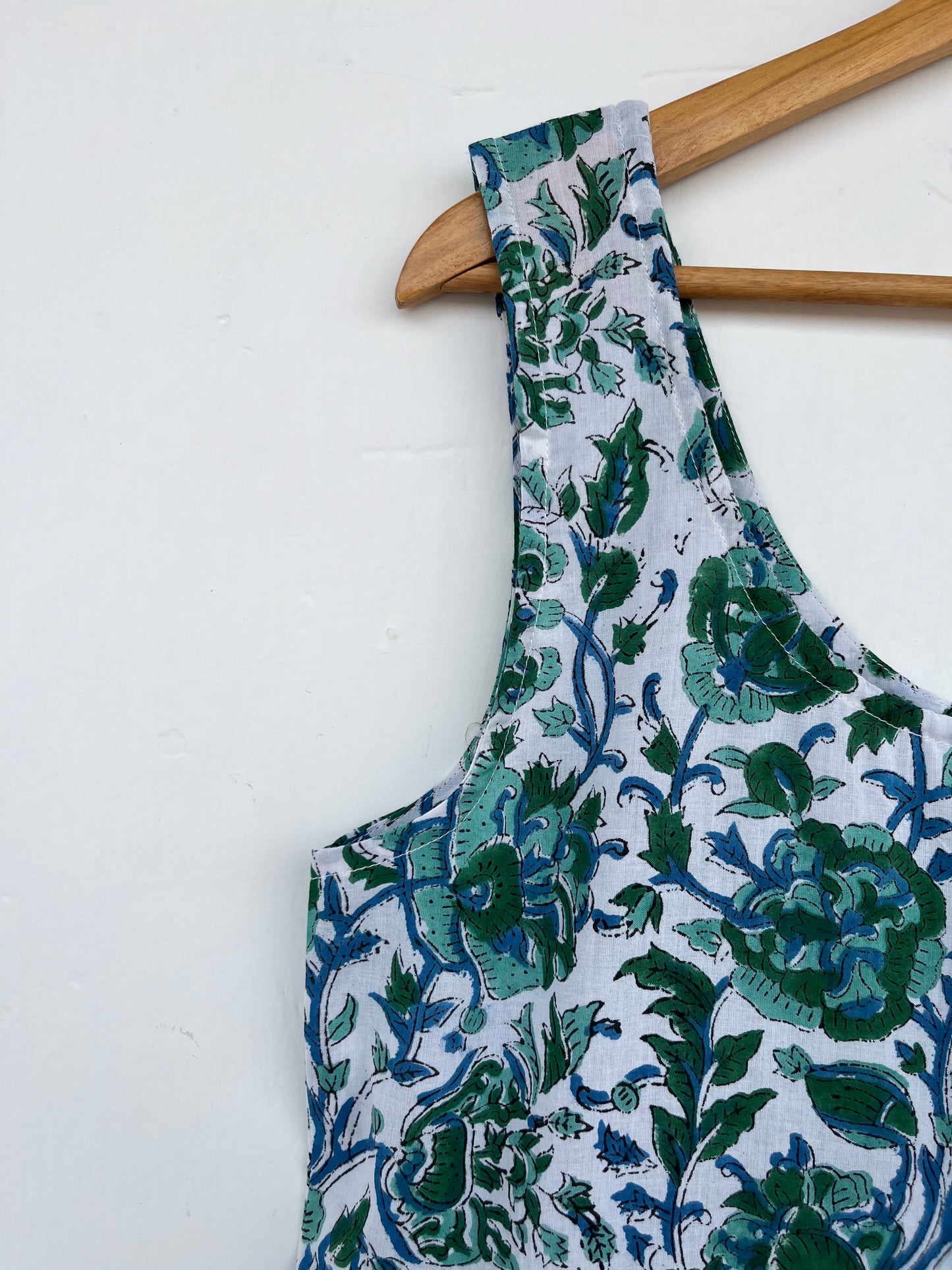 Green Floral Block Print Cotton Dress | Sleeveless Summer Maxi | Women Comfy Wear