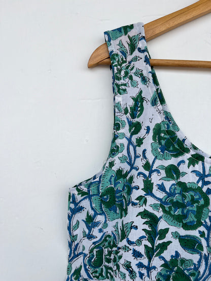 Green Floral Block Print Cotton Dress | Sleeveless Summer Maxi | Women Comfy Wear
