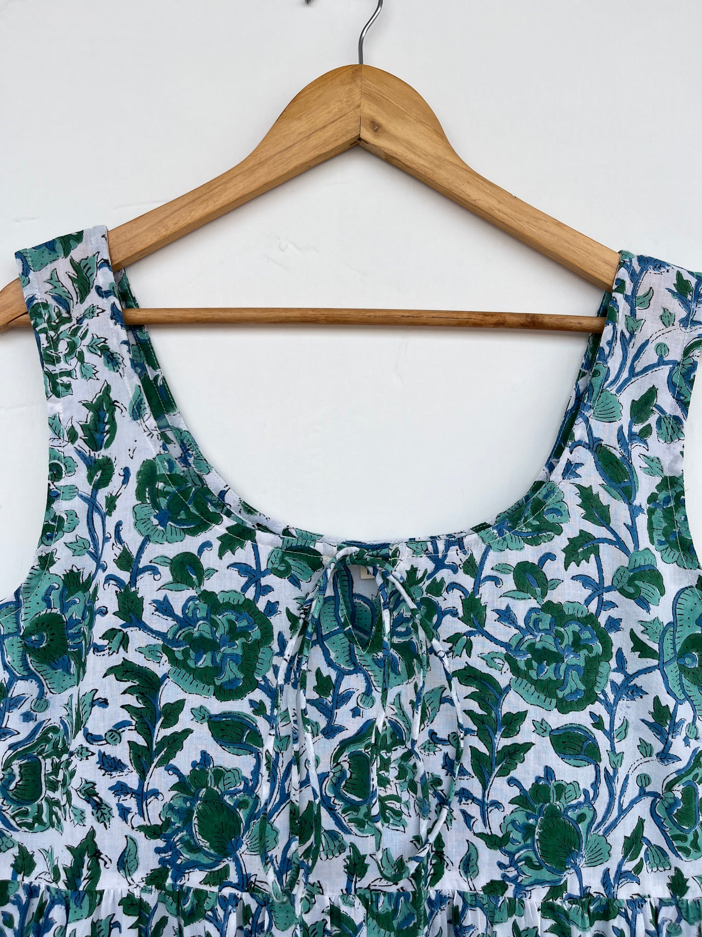 Green Floral Block Print Cotton Dress | Sleeveless Summer Maxi | Women Comfy Wear