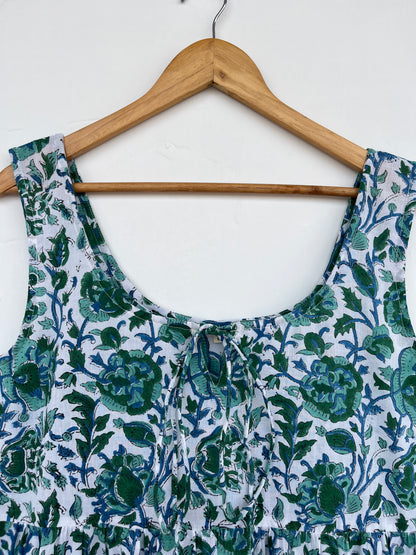 Green Floral Block Print Cotton Dress | Sleeveless Summer Maxi | Women Comfy Wear