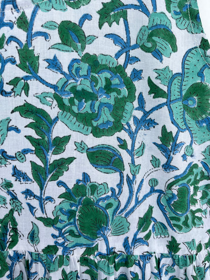 Green Floral Block Print Cotton Dress | Sleeveless Summer Maxi | Women Comfy Wear