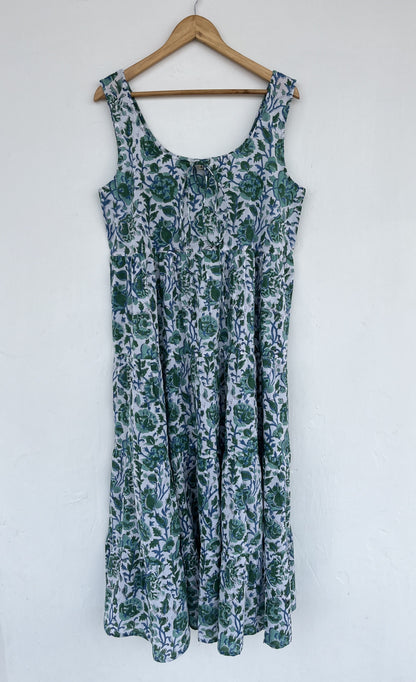 Green Floral Block Print Cotton Dress | Sleeveless Summer Maxi | Women Comfy Wear