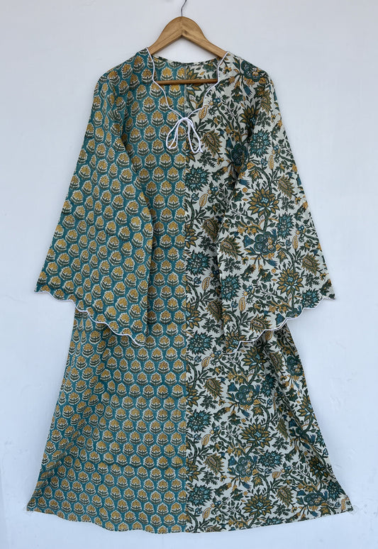 Green Floral Cotton Summer Maxi Dress | Flared Long Dress | Holiday Outfit