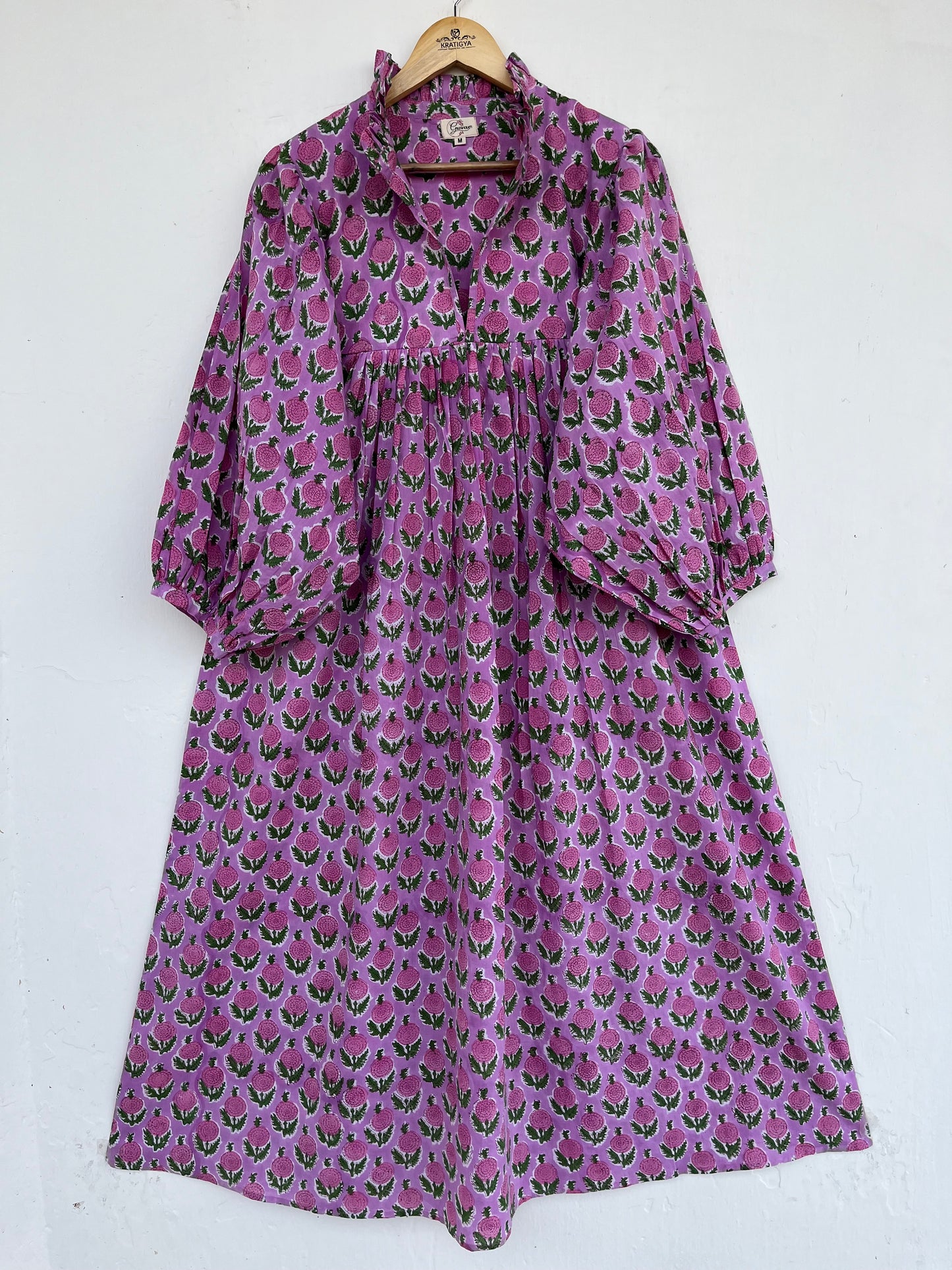 Purple Floral Cotton Boho Maxi Dress with Long Sleeves