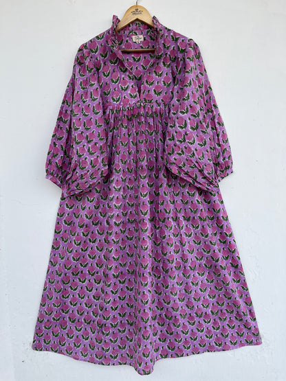 Purple Floral Cotton Boho Maxi Dress with Long Sleeves