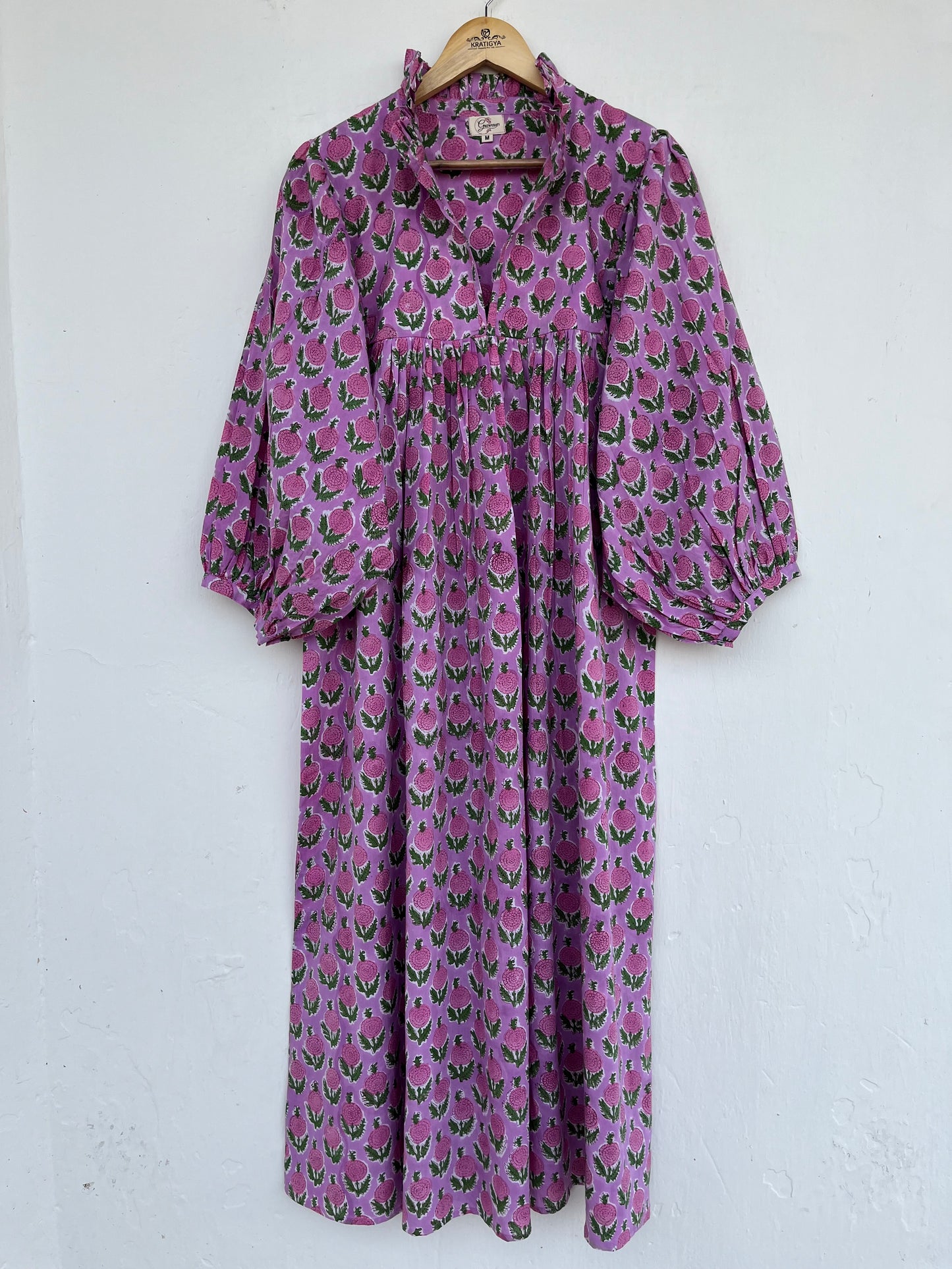 Purple Floral Cotton Boho Maxi Dress with Long Sleeves