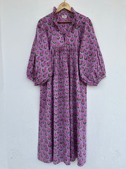 Purple Floral Cotton Boho Maxi Dress with Long Sleeves