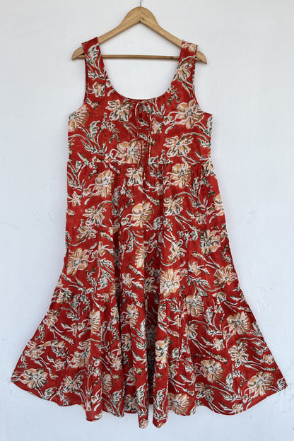 Red Floral Lightweight Cotton Dress | Sleeveless Summer Wear | Bohemian Outfit