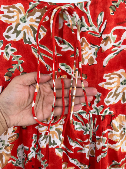 Red Floral Lightweight Cotton Dress | Sleeveless Summer Wear | Bohemian Outfit