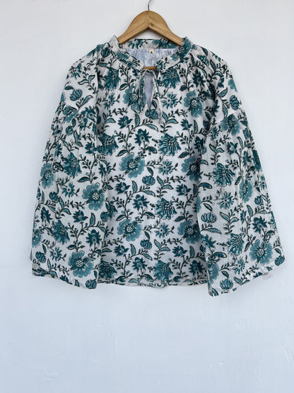 Green Floral Block Print Cotton Blouse | Comfy Tunic | Loose Fit Top