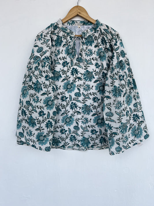 Green Floral Block Print Cotton Blouse | Comfy Tunic | Loose Fit Top