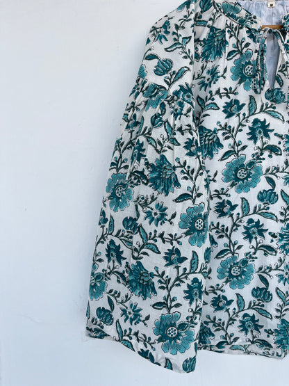 Green Floral Block Print Cotton Blouse | Comfy Tunic | Loose Fit Top