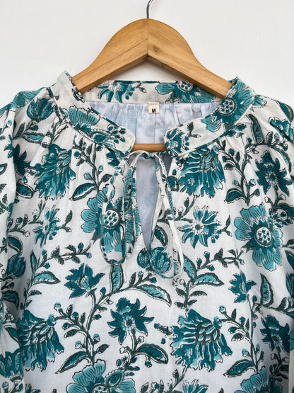 Green Floral Block Print Cotton Blouse | Comfy Tunic | Loose Fit Top