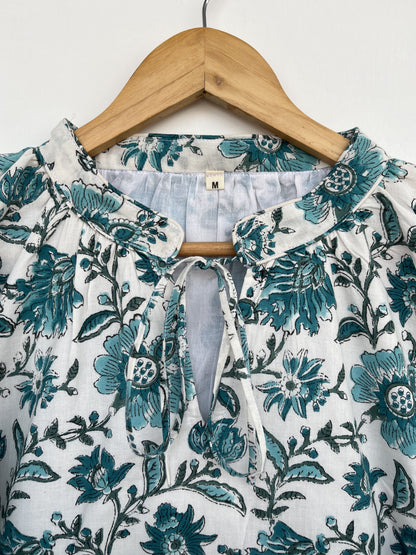 Green Floral Block Print Cotton Blouse | Comfy Tunic | Loose Fit Top