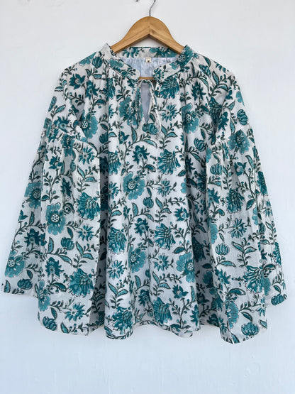 Green Floral Block Print Cotton Blouse | Comfy Tunic | Loose Fit Top