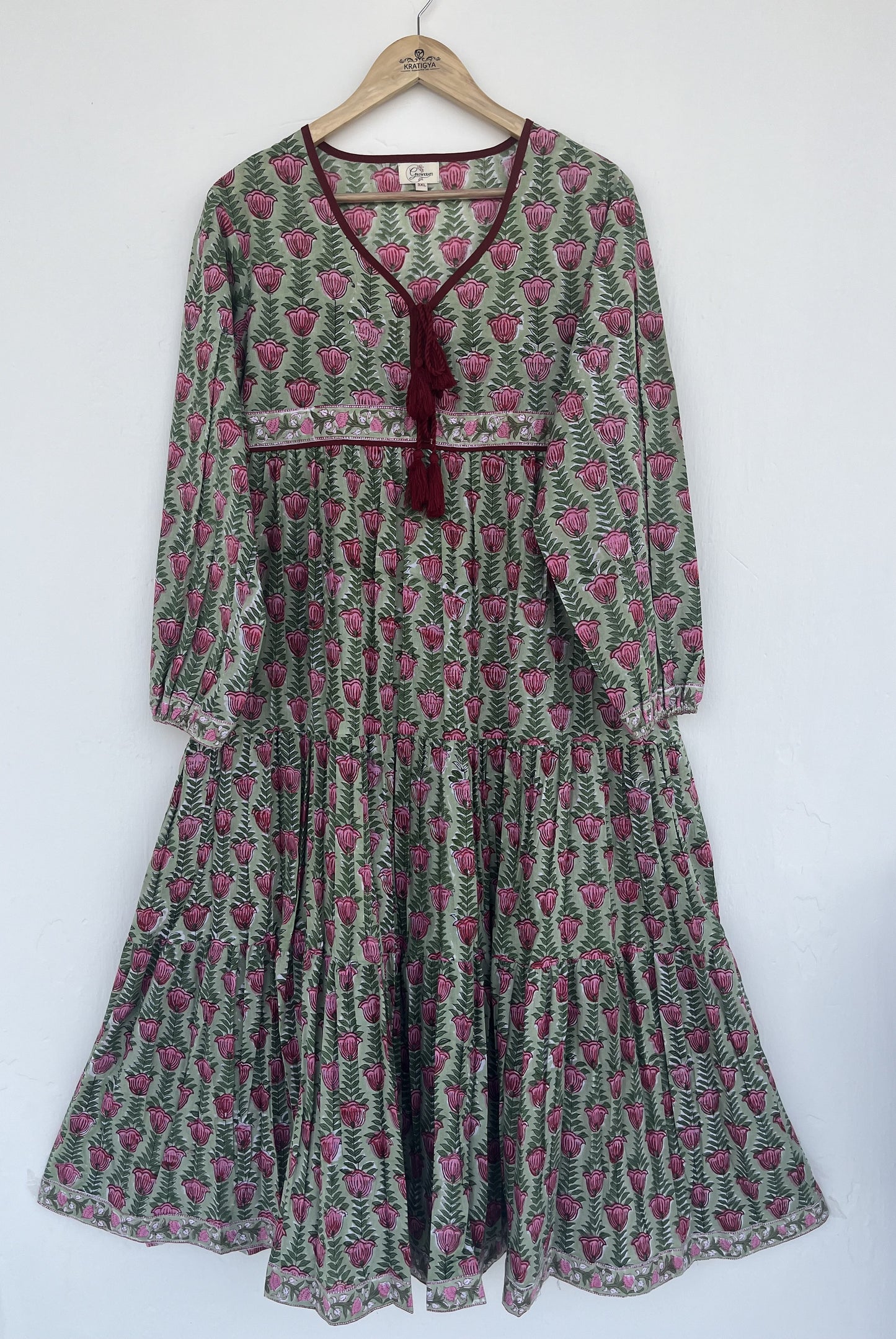 Green Floral Tassel Tie Summer Dress | Handmade Cotton Everyday Wear Dress