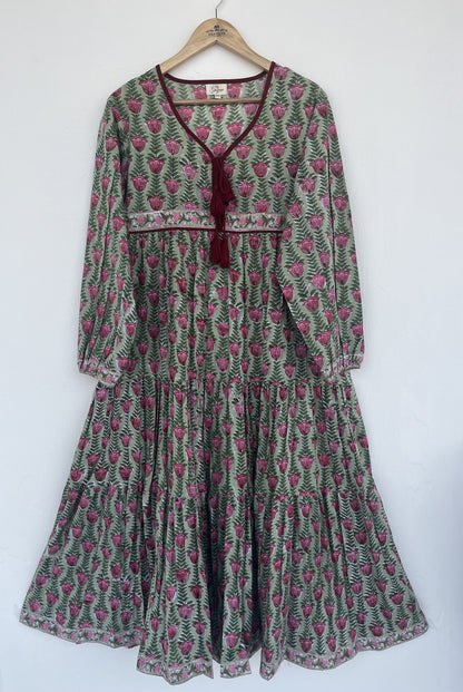 Green Floral Tassel Tie Summer Dress | Handmade Cotton Everyday Wear Dress