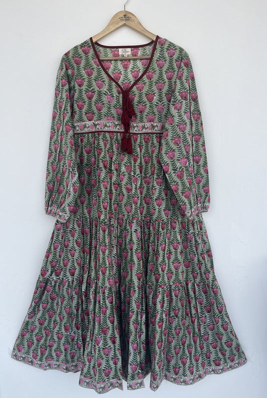Green Floral Tassel Tie Summer Dress | Handmade Cotton Everyday Wear Dress