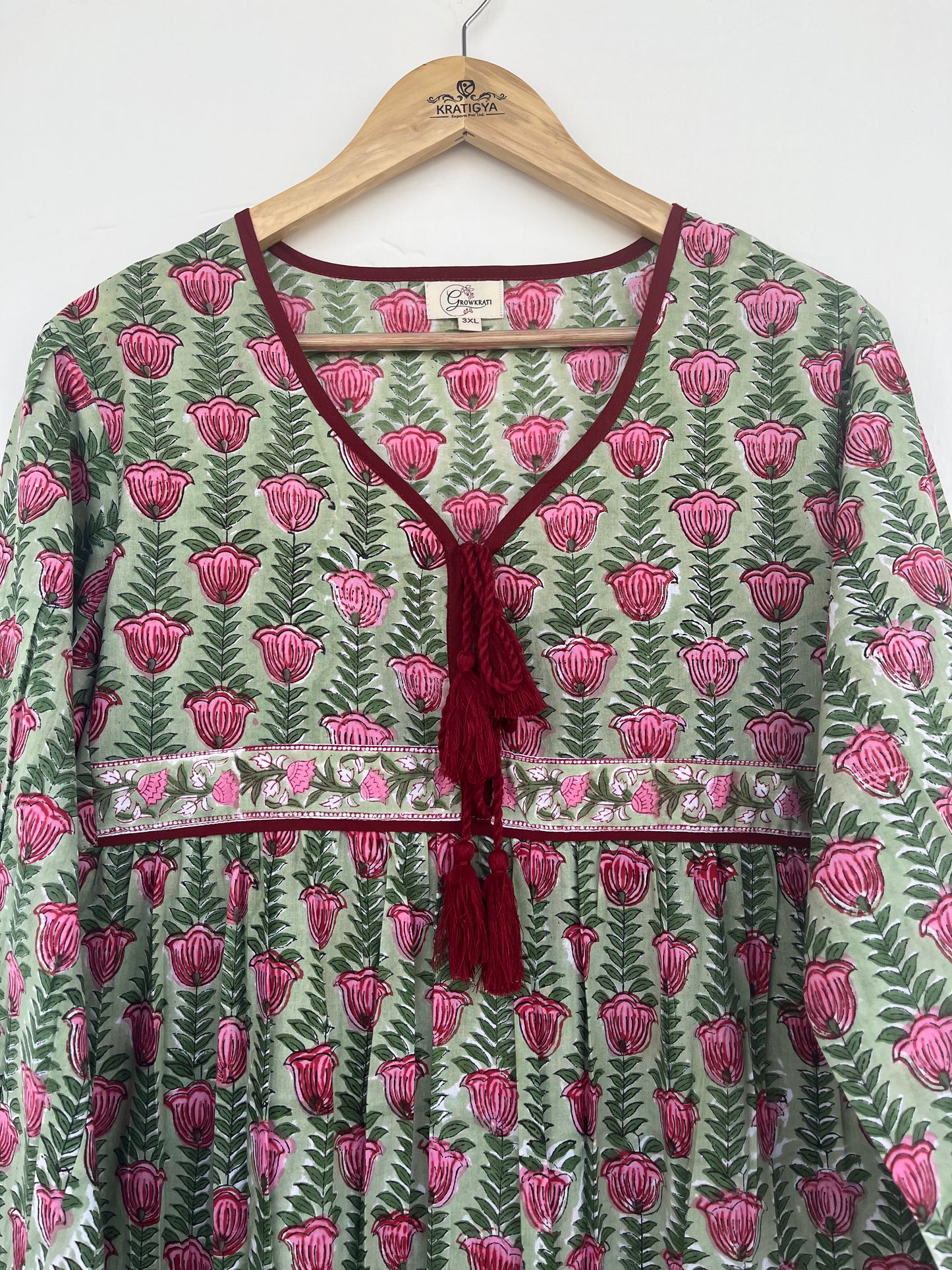 Green Floral Tassel Tie Summer Dress | Handmade Cotton Everyday Wear Dress