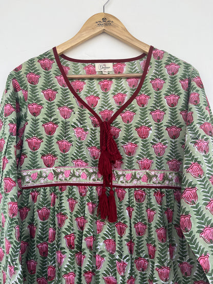 Green Floral Tassel Tie Summer Dress | Handmade Cotton Everyday Wear Dress