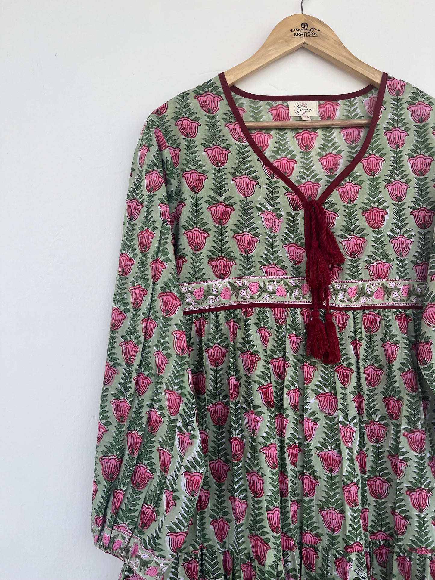 Green Floral Tassel Tie Summer Dress | Handmade Cotton Everyday Wear Dress