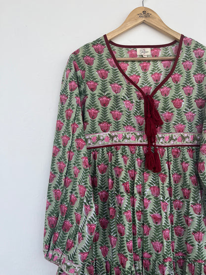 Green Floral Tassel Tie Summer Dress | Handmade Cotton Everyday Wear Dress